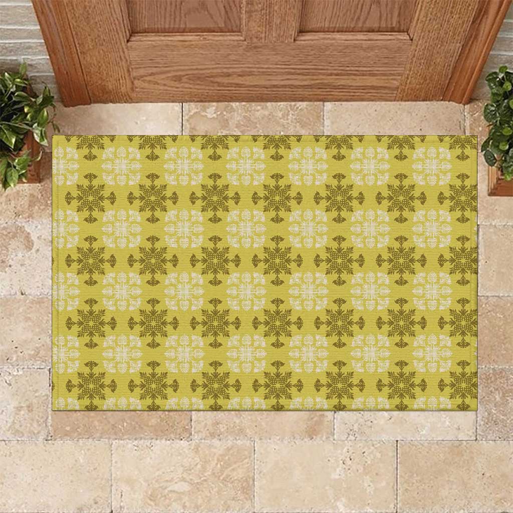 Yellow Hawaiian Quilt Rubber Doormat Hawaii Pineapple Monstera Palaka Motifs - Polynesian Pride
