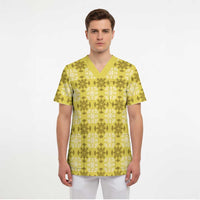 Yellow Hawaiian Quilt Scrub Top Hawaii Pineapple Monstera Palaka Motifs - Polynesian Pride