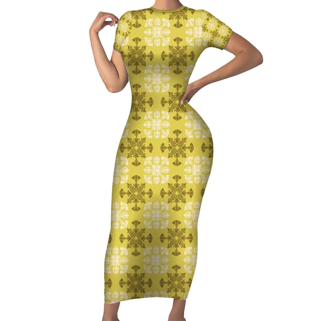 Yellow Hawaiian Quilt Short Sleeve Bodycon Dress Hawaii Pineapple Monstera Palaka Motifs - Polynesian Pride