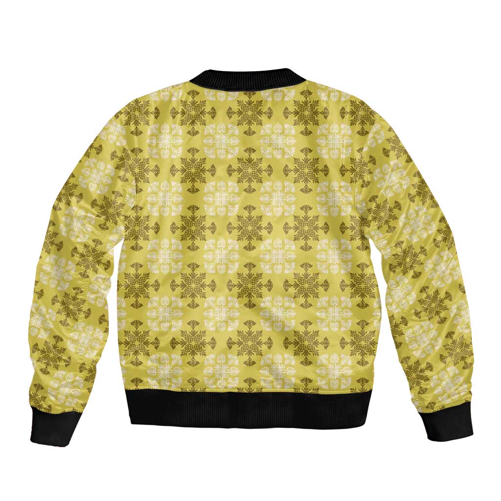 Yellow Hawaiian Quilt Sleeve Zip Bomber Jacket Hawaii Pineapple Monstera Palaka Motifs LT14 - Polynesian Pride