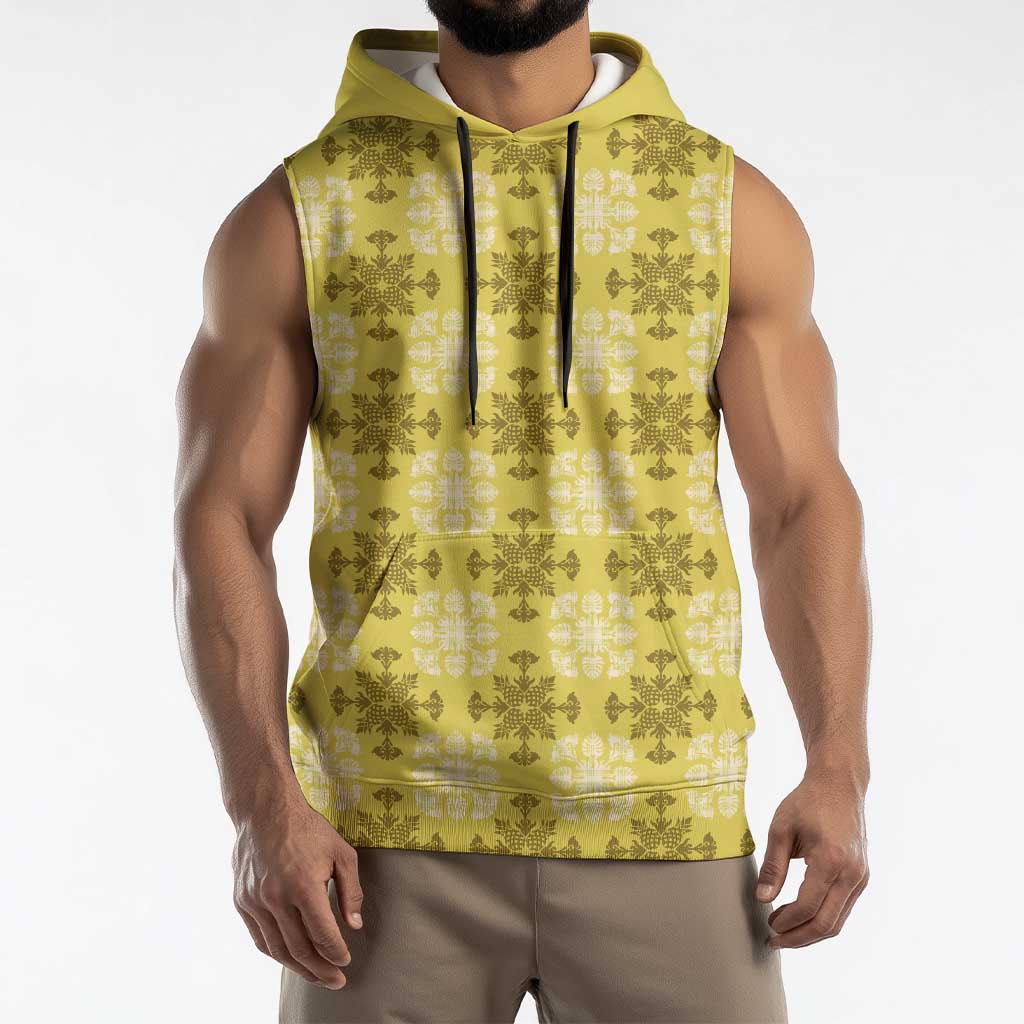 Yellow Hawaiian Quilt Sleeveless Hoodie Hawaii Pineapple Monstera Palaka Motifs - Polynesian Pride