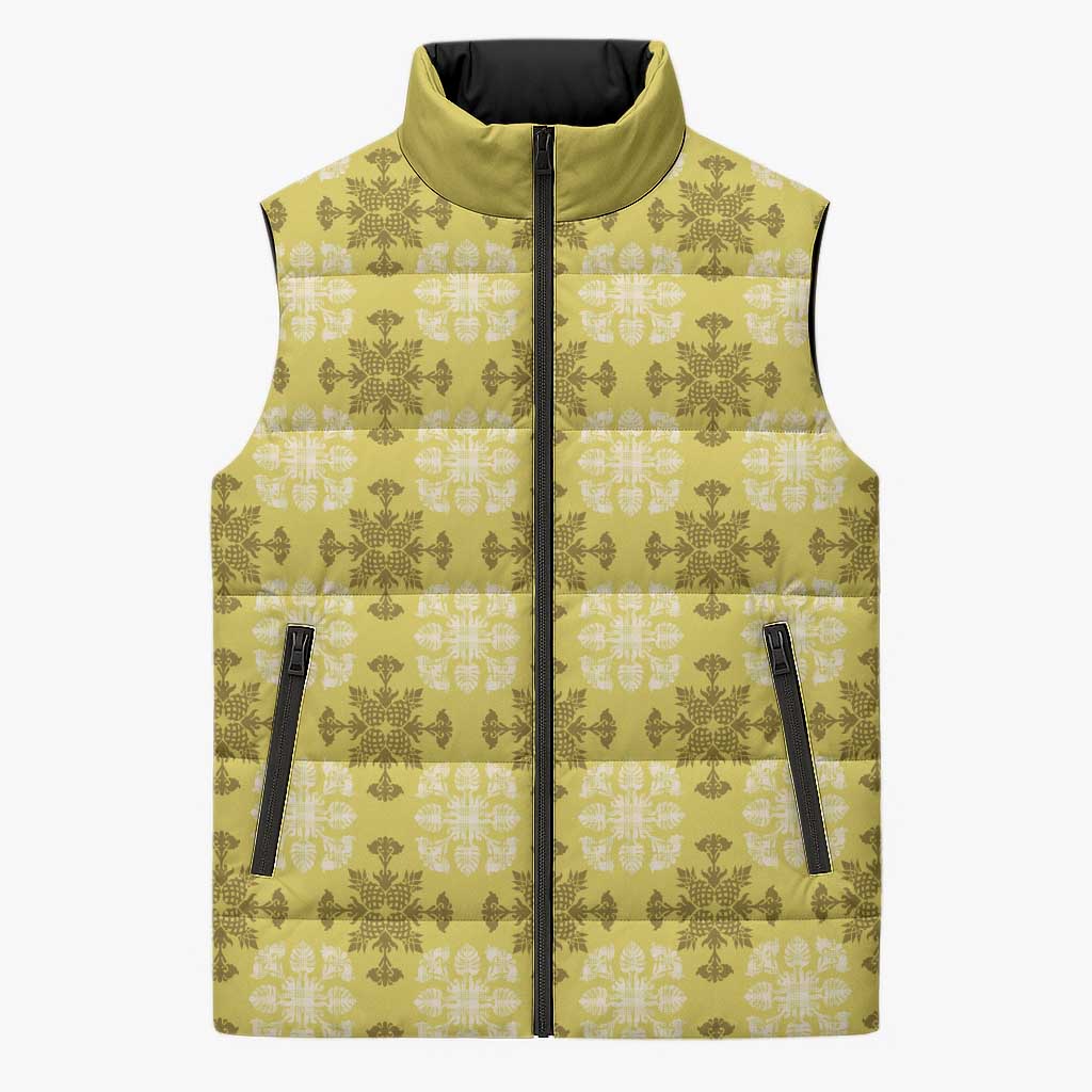 Yellow Hawaiian Quilt Sleeveless Puffer Jacket Hawaii Pineapple Monstera Palaka Motifs - Polynesian Pride