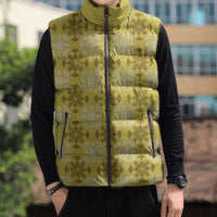 Yellow Hawaiian Quilt Sleeveless Puffer Jacket Hawaii Pineapple Monstera Palaka Motifs - Polynesian Pride