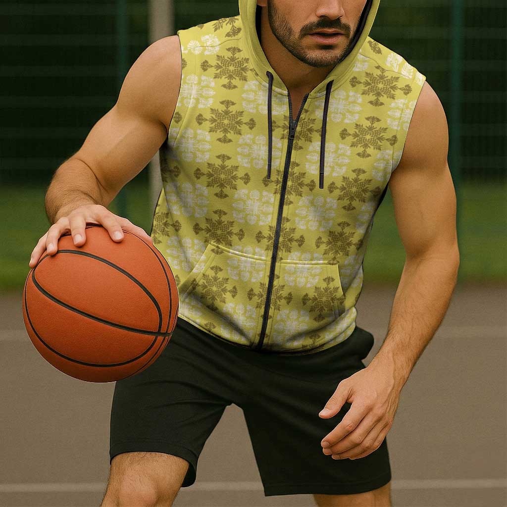 Yellow Hawaiian Quilt Sleeveless Zip Hoodie Hawaii Pineapple Monstera Palaka Motifs LT14 - Polynesian Pride