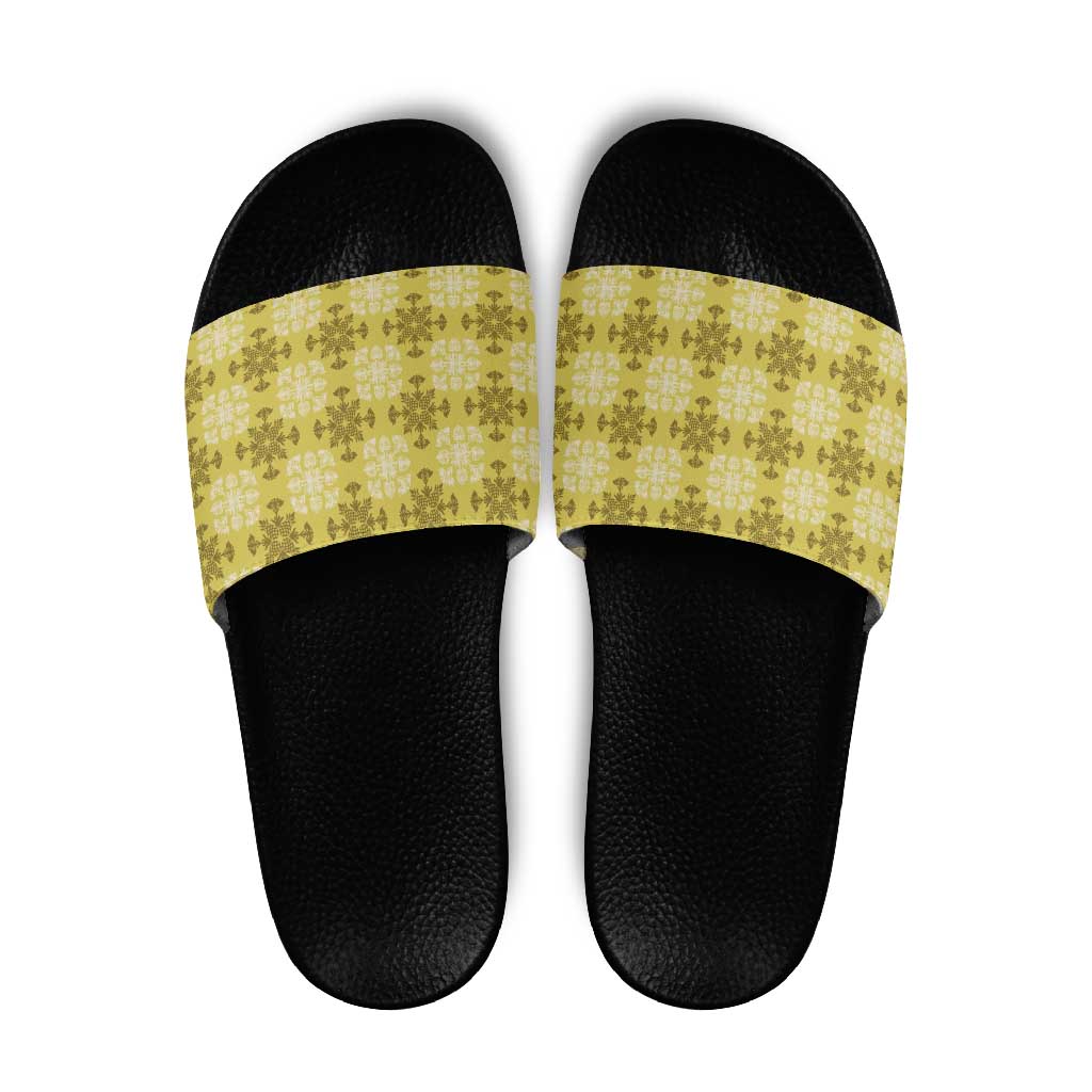 Yellow Hawaiian Quilt Slide Sandals Hawaii Pineapple Monstera Palaka Motifs LT14 Yellow - Polynesian Pride