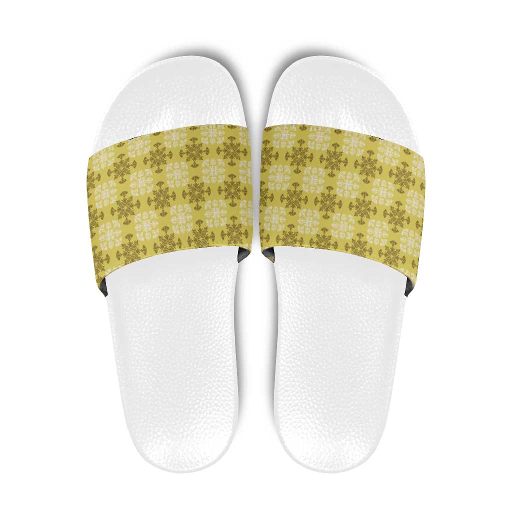 Yellow Hawaiian Quilt Slide Sandals Hawaii Pineapple Monstera Palaka Motifs LT14 Yellow - Polynesian Pride