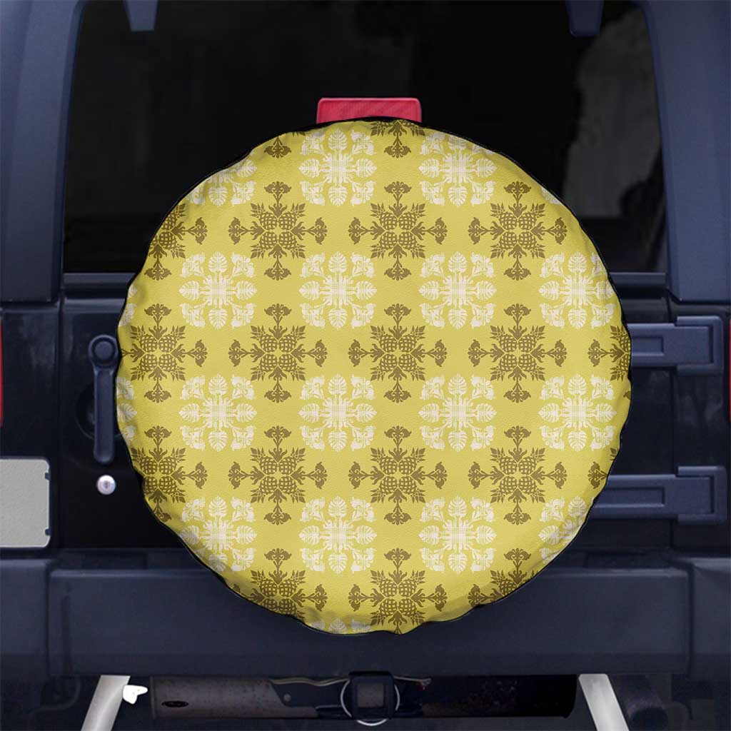 Yellow Hawaiian Quilt Spare Tire Cover Hawaii Pineapple Monstera Palaka Motifs - Polynesian Pride