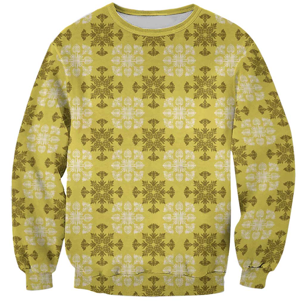 Yellow Hawaiian Quilt Sweatshirt Hawaii Pineapple Monstera Palaka Motifs - Polynesian Pride