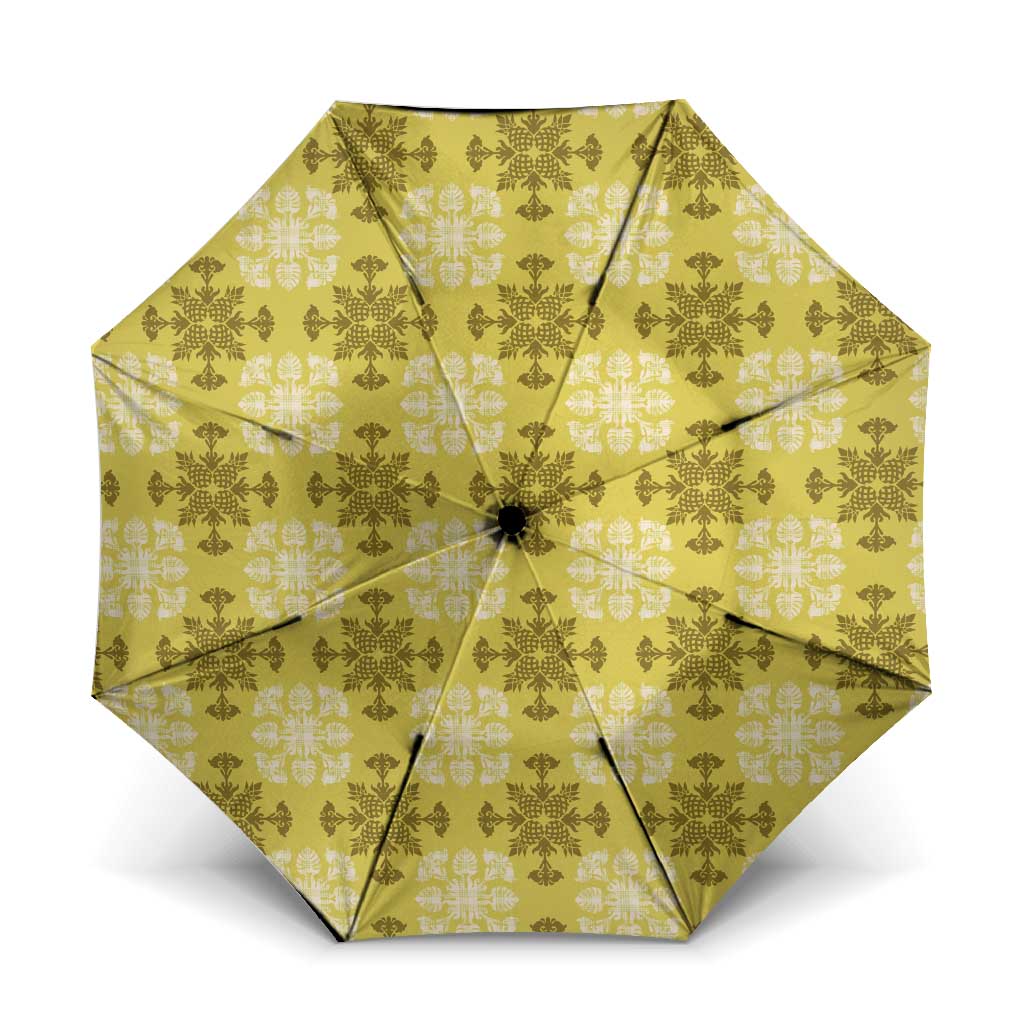 Yellow Hawaiian Quilt Umbrella Hawaii Pineapple Monstera Palaka Motifs - Polynesian Pride