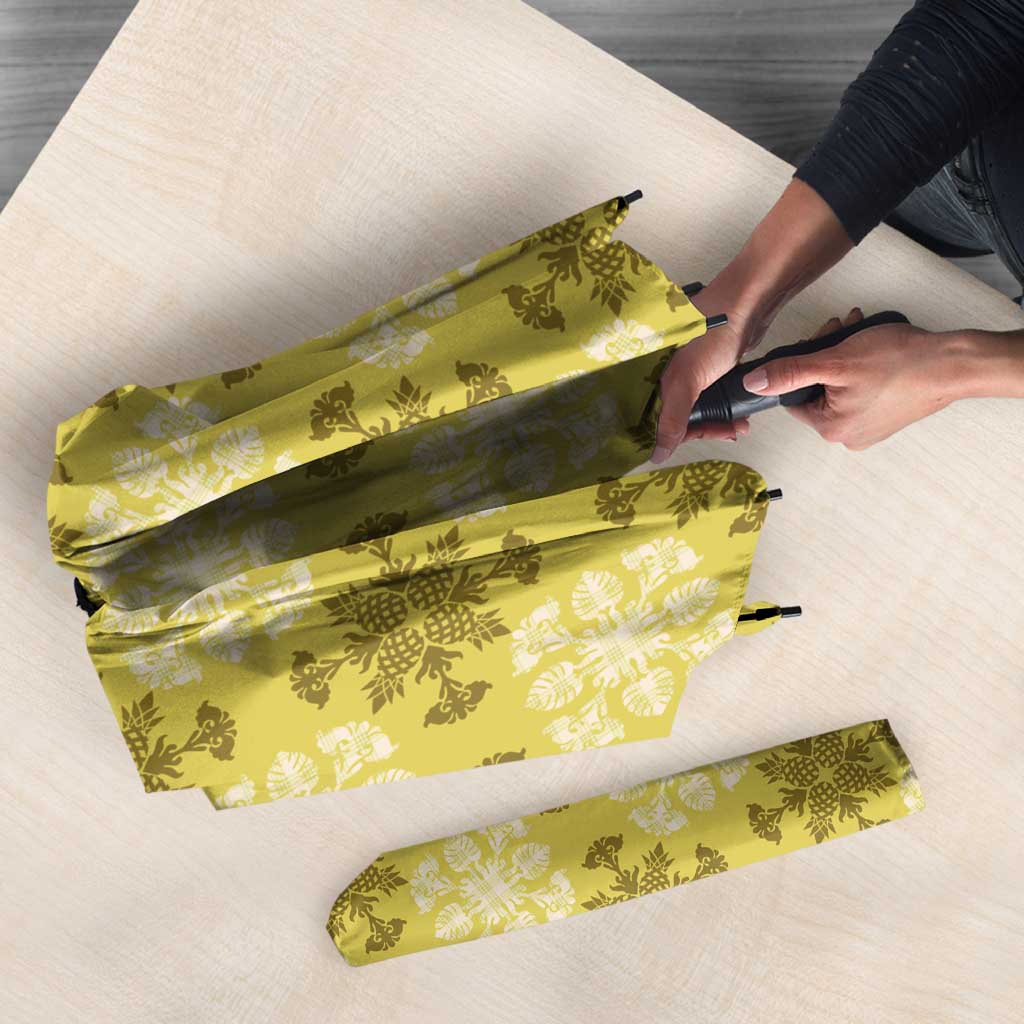 Yellow Hawaiian Quilt Umbrella Hawaii Pineapple Monstera Palaka Motifs - Polynesian Pride