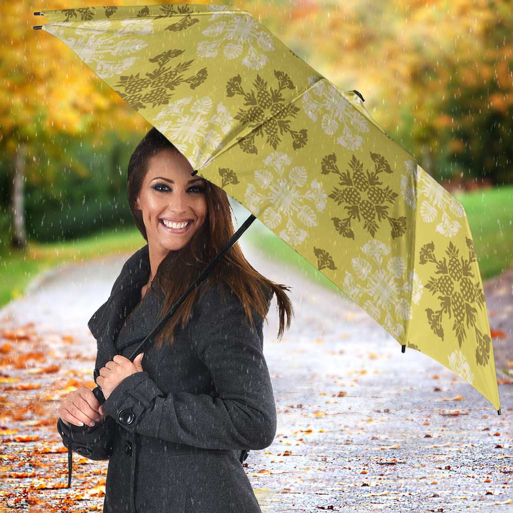 Yellow Hawaiian Quilt Umbrella Hawaii Pineapple Monstera Palaka Motifs - Polynesian Pride