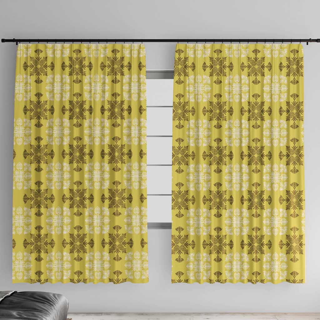Yellow Hawaiian Quilt Window Curtain Hawaii Pineapple Monstera Palaka Motifs LT14 With Hooks Yellow - Polynesian Pride