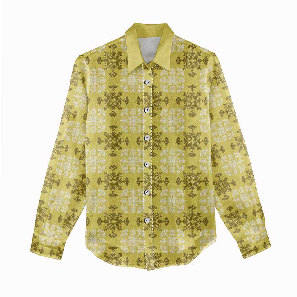 Yellow Hawaiian Quilt Women Casual Shirt Hawaii Pineapple Monstera Palaka Motifs - Polynesian Pride