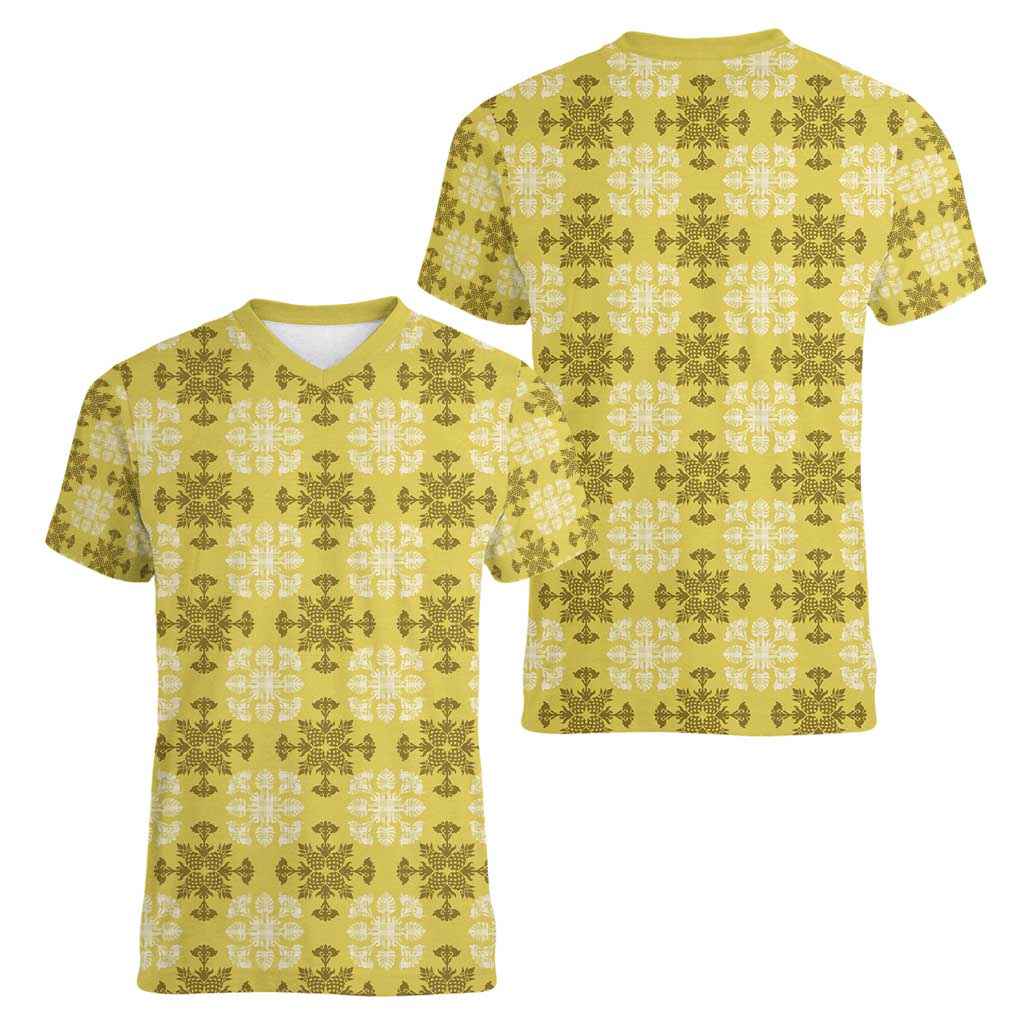 Yellow Hawaiian Quilt Women V-Neck T-Shirt Hawaii Pineapple Monstera Palaka Motifs - Polynesian Pride