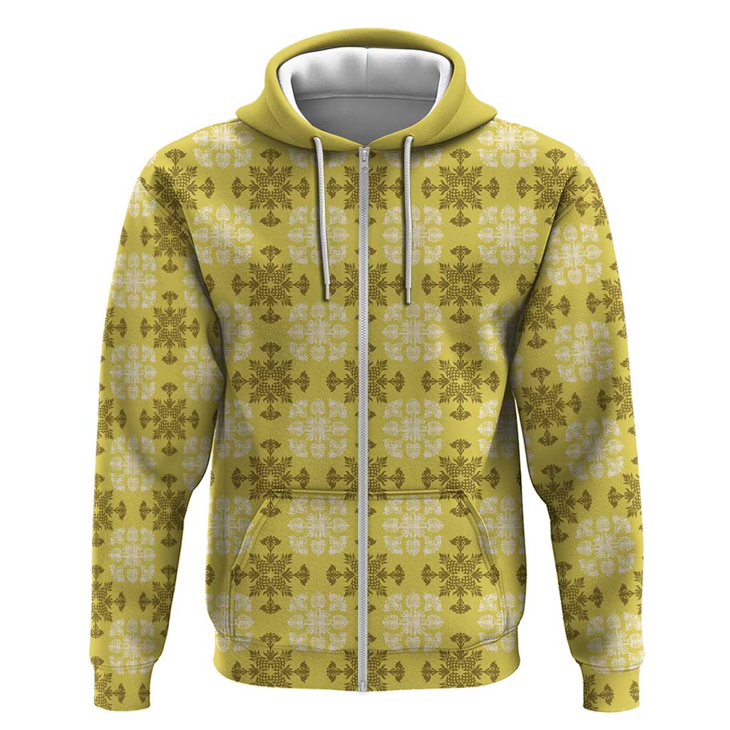 Yellow Hawaiian Quilt Zip Hoodie Hawaii Pineapple Monstera Palaka Motifs LT14 Zip Hoodie Yellow - Polynesian Pride