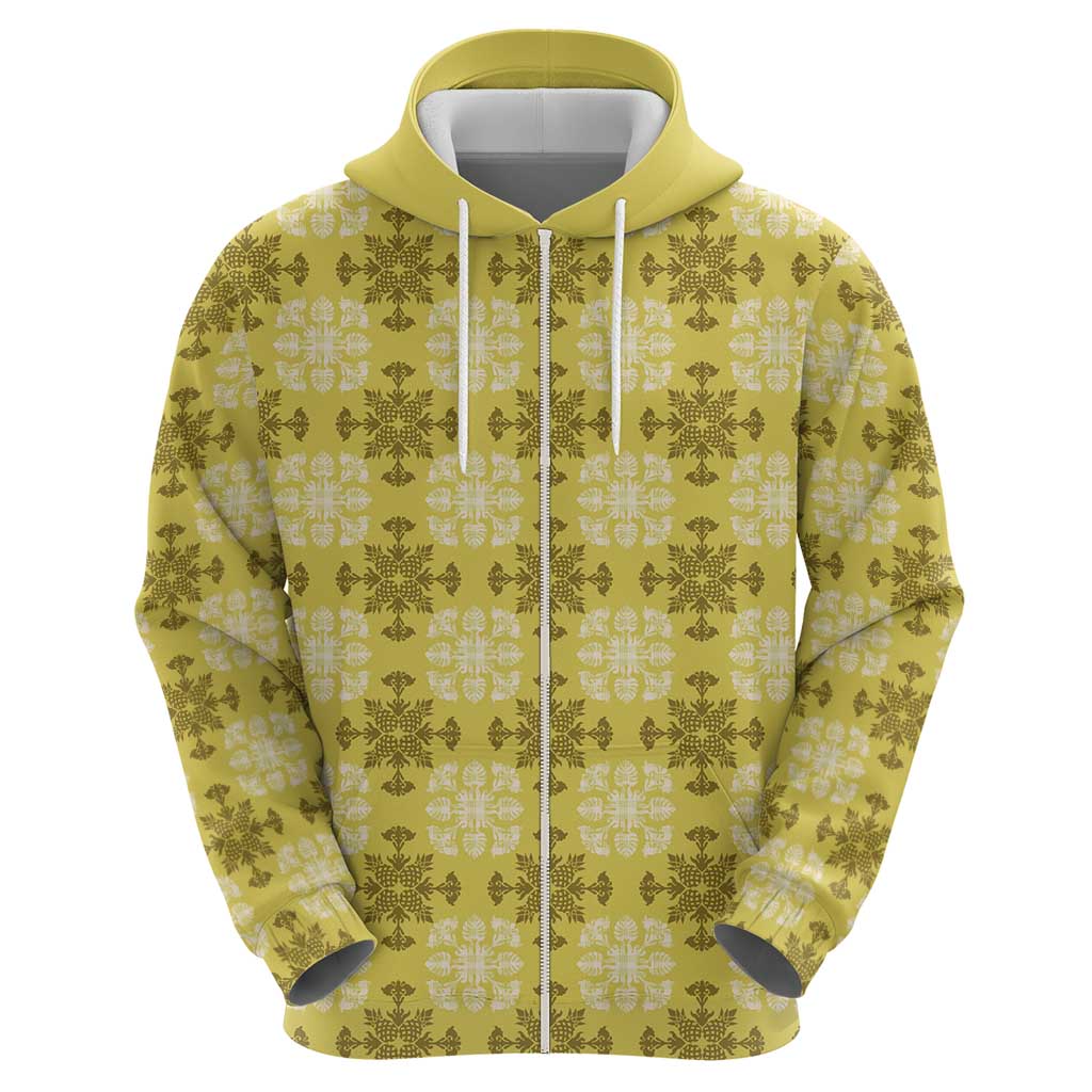 Yellow Hawaiian Quilt Zip Hoodie Hawaii Pineapple Monstera Palaka Motifs LT14 - Polynesian Pride