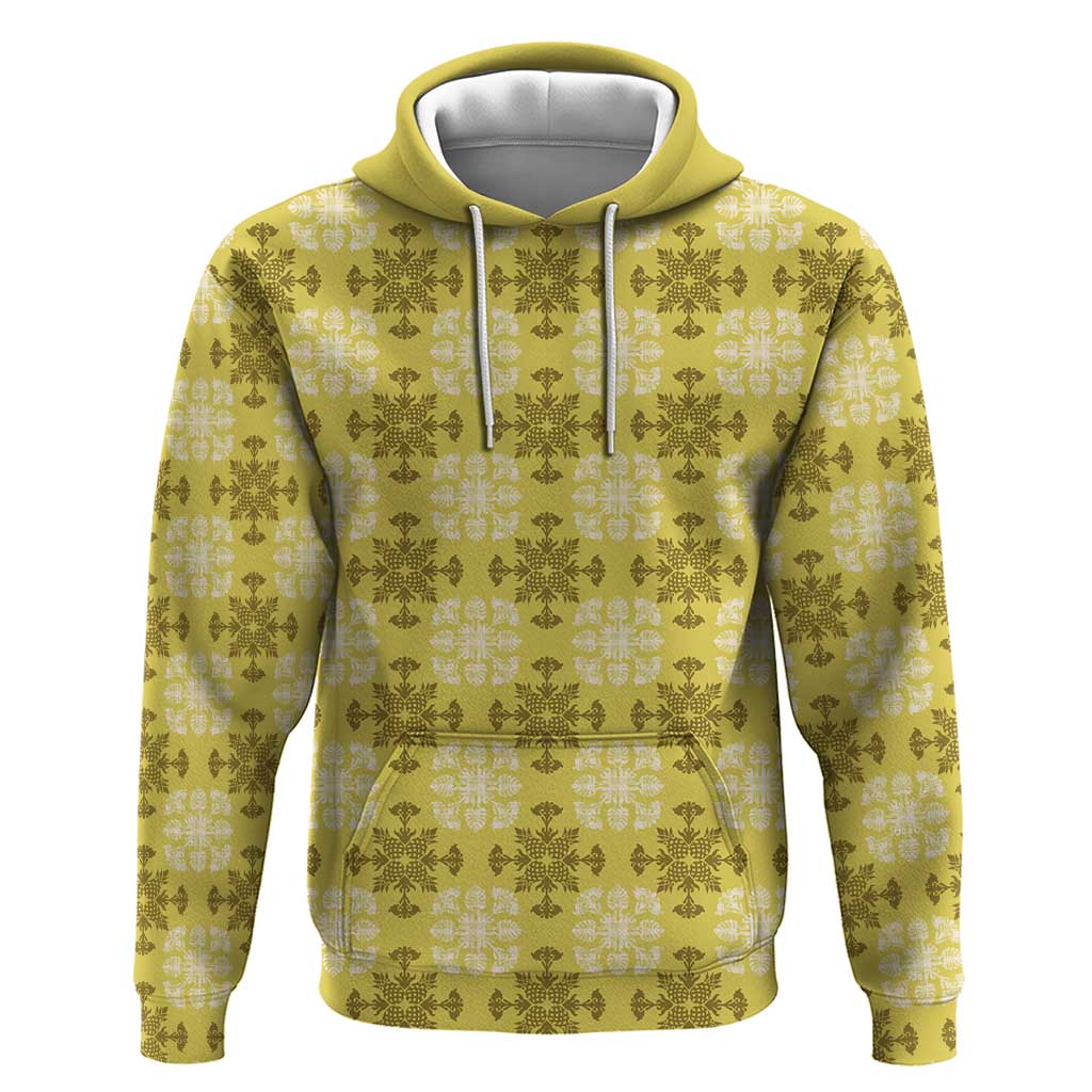 Yellow Hawaiian Quilt Zip Hoodie Hawaii Pineapple Monstera Palaka Motifs LT14 Pullover Hoodie Yellow - Polynesian Pride