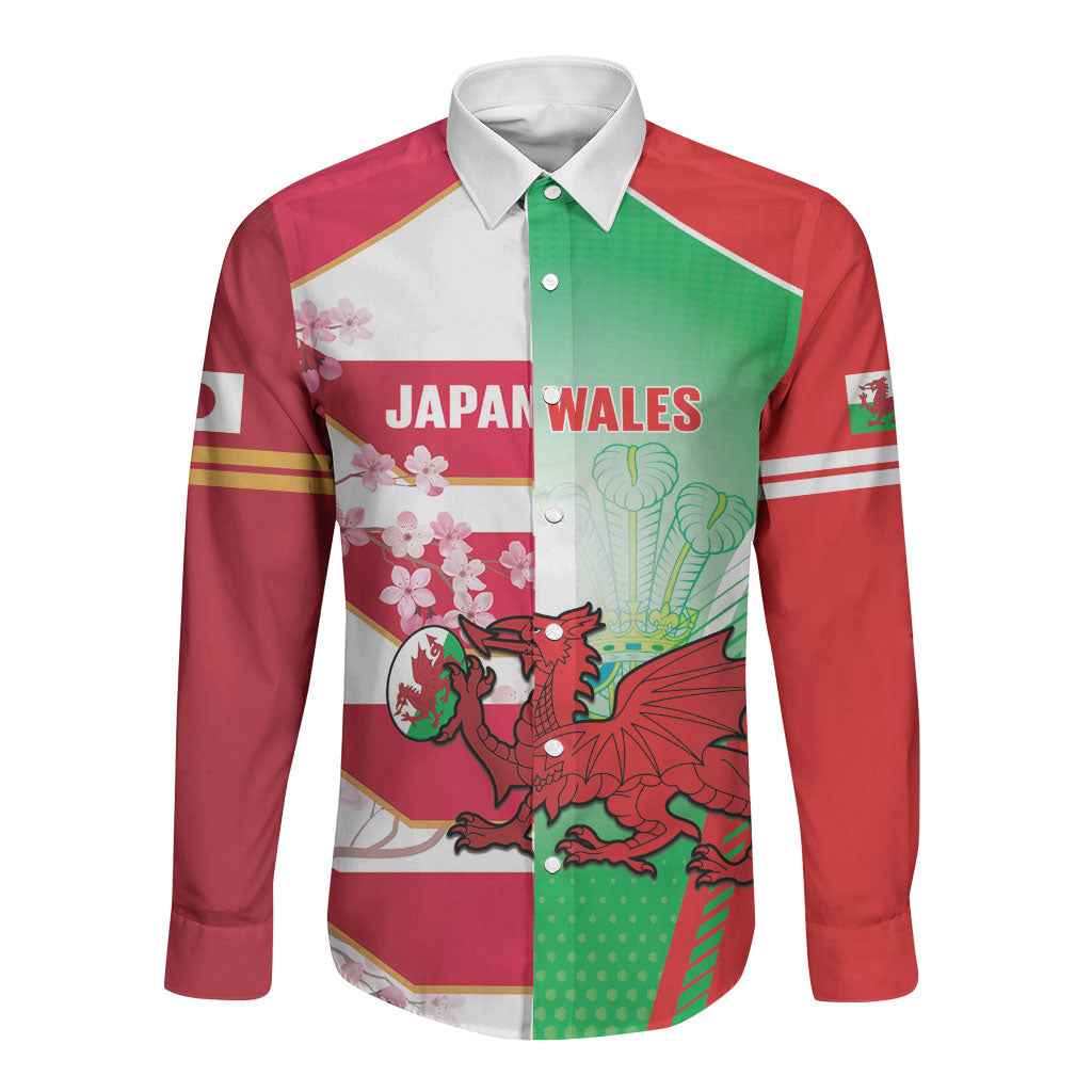 Japan and Wales Rugby Custom Long Sleeve Button Shirt Brave Blossoms Welsh Dragon Together LT14 Unisex Red - Polynesian Pride