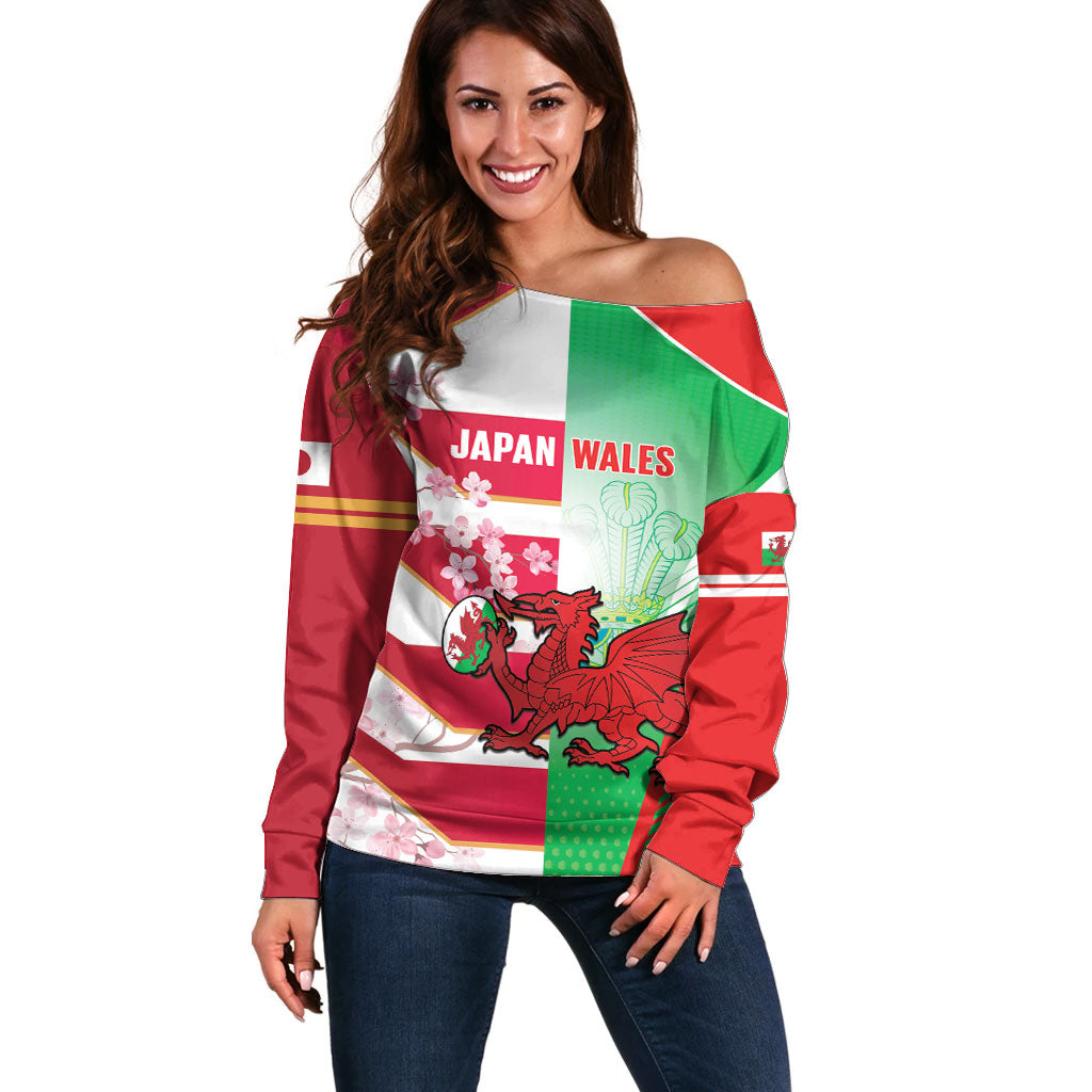 Japan and Wales Rugby Custom Off Shoulder Sweater Brave Blossoms Welsh Dragon Together LT14 Women Red - Polynesian Pride