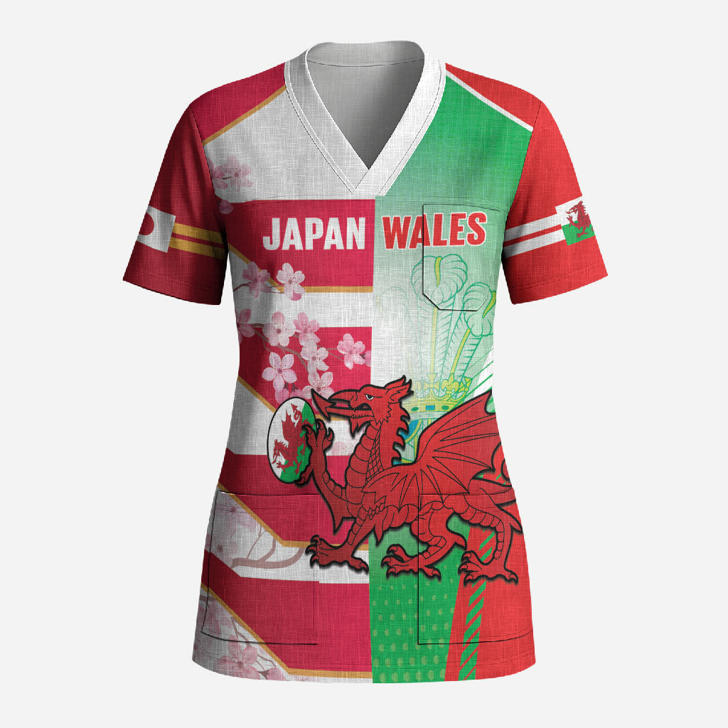 Japan and Wales Rugby Custom Scrub Top Brave Blossoms Welsh Dragon Together