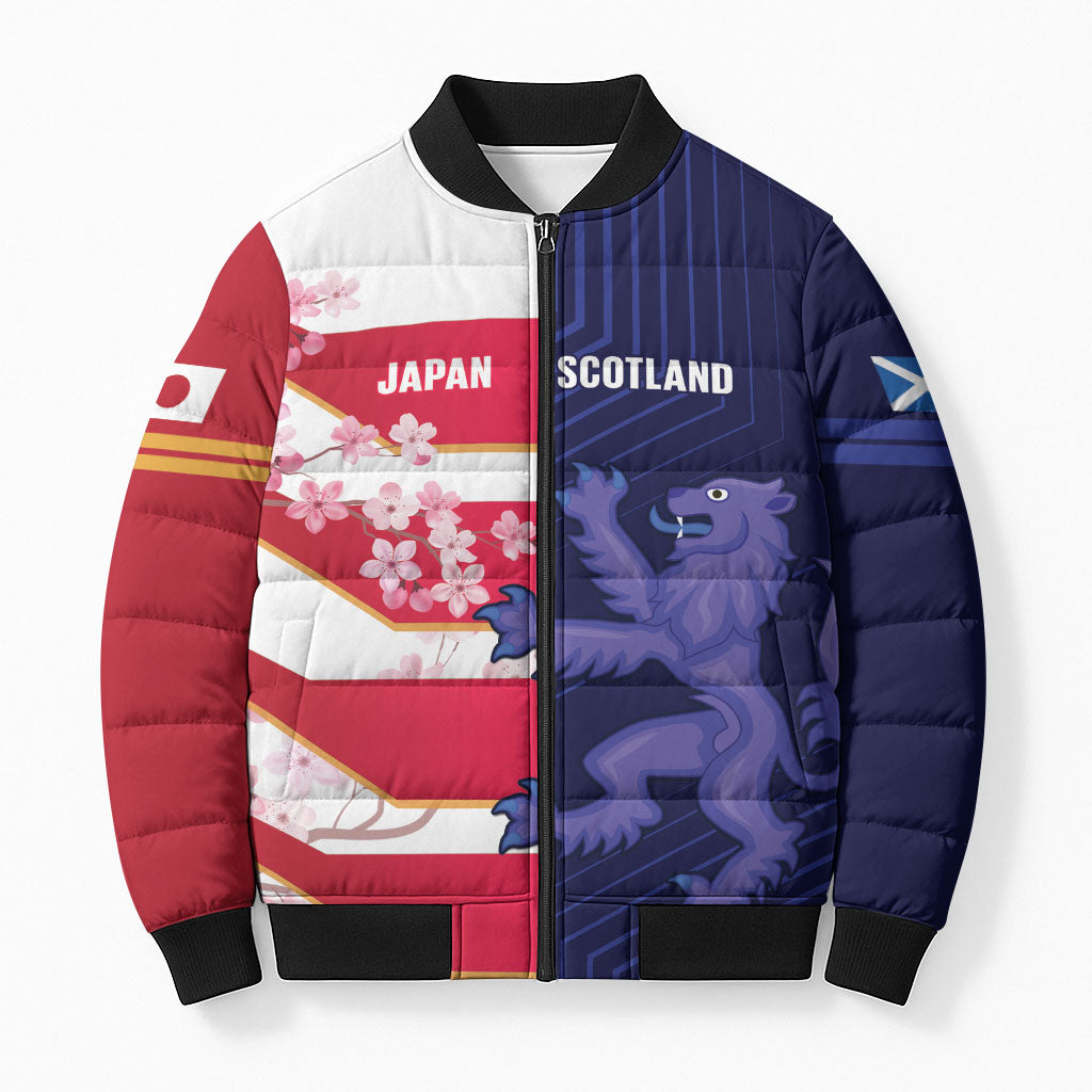 Japan and Scotland Rugby Custom Bomber Puffer Jacket Brave Blossoms Scottish Thistle Together LT14 Unisex Multicolor - Polynesian Pride