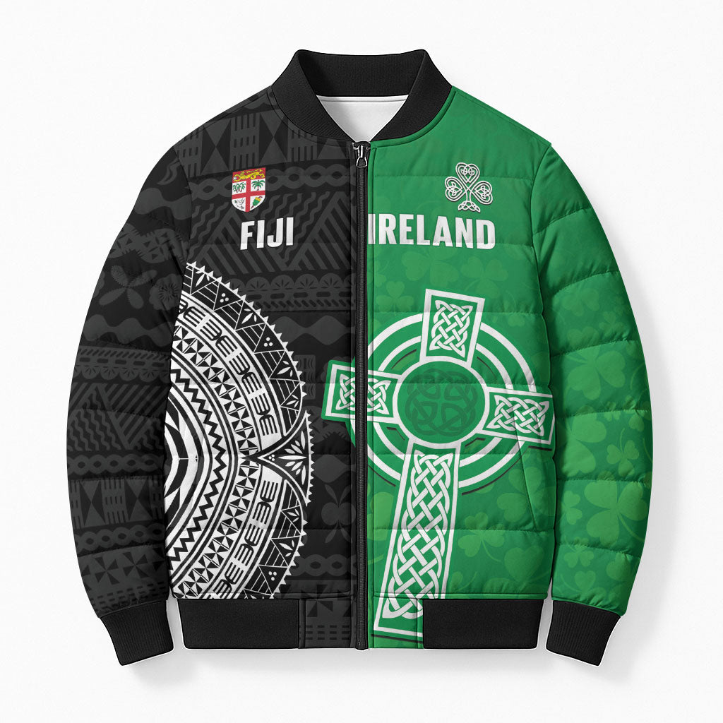 Fiji and Ireland Rugby Custom Bomber Puffer Jacket Flying Fijian Irish Shamrocks Together LT14 Unisex Multicolor - Polynesian Pride