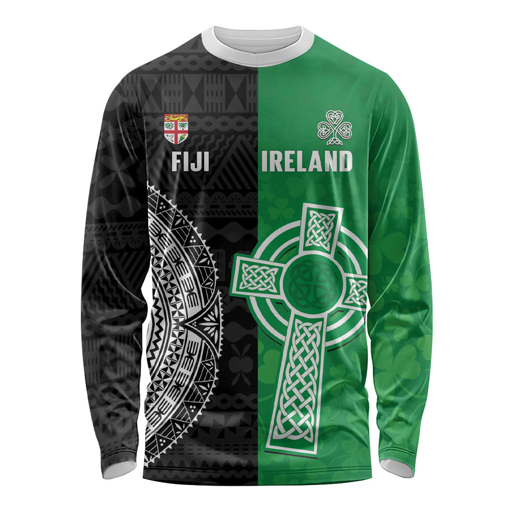 Fiji and Ireland Rugby Custom Long Sleeve Shirt Flying Fijian Irish Shamrocks Together