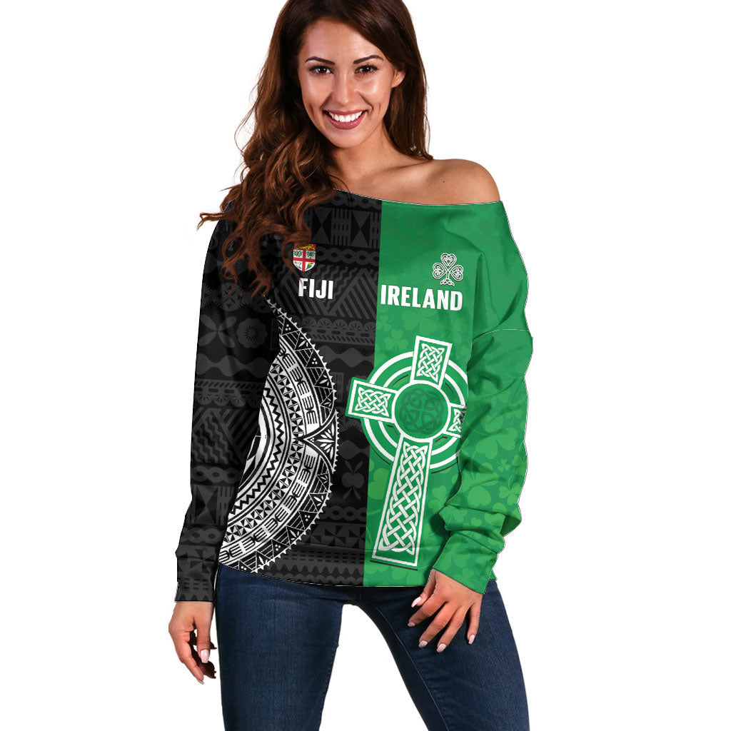 Fiji and Ireland Rugby Custom Off Shoulder Sweater Flying Fijian Irish Shamrocks Together LT14 Women Multicolor - Polynesian Pride