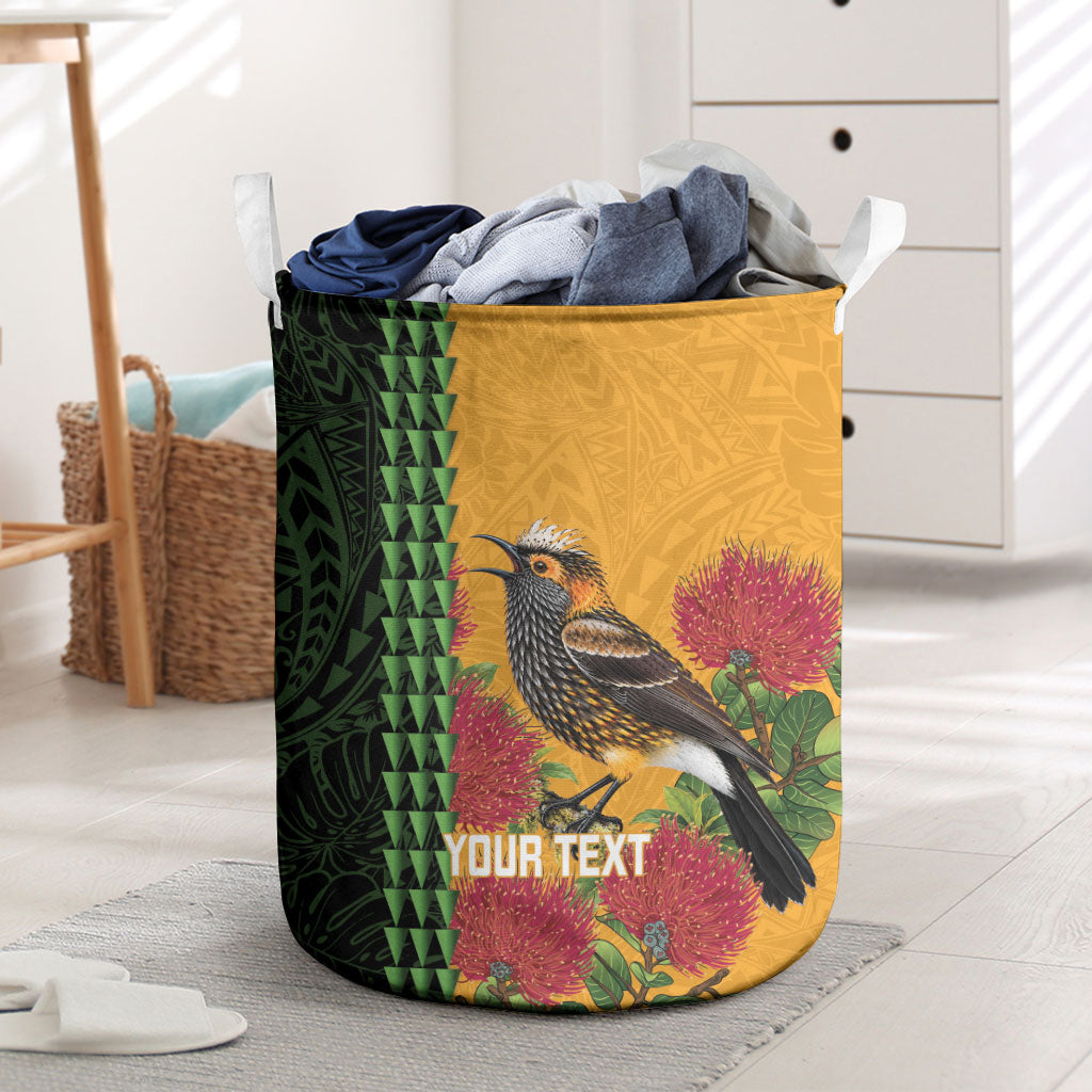 Personalized Hawaii Akohekohe Ohia Lehua Laundry Basket Crested Honeycreeper Kakau Hawaiian Pattern