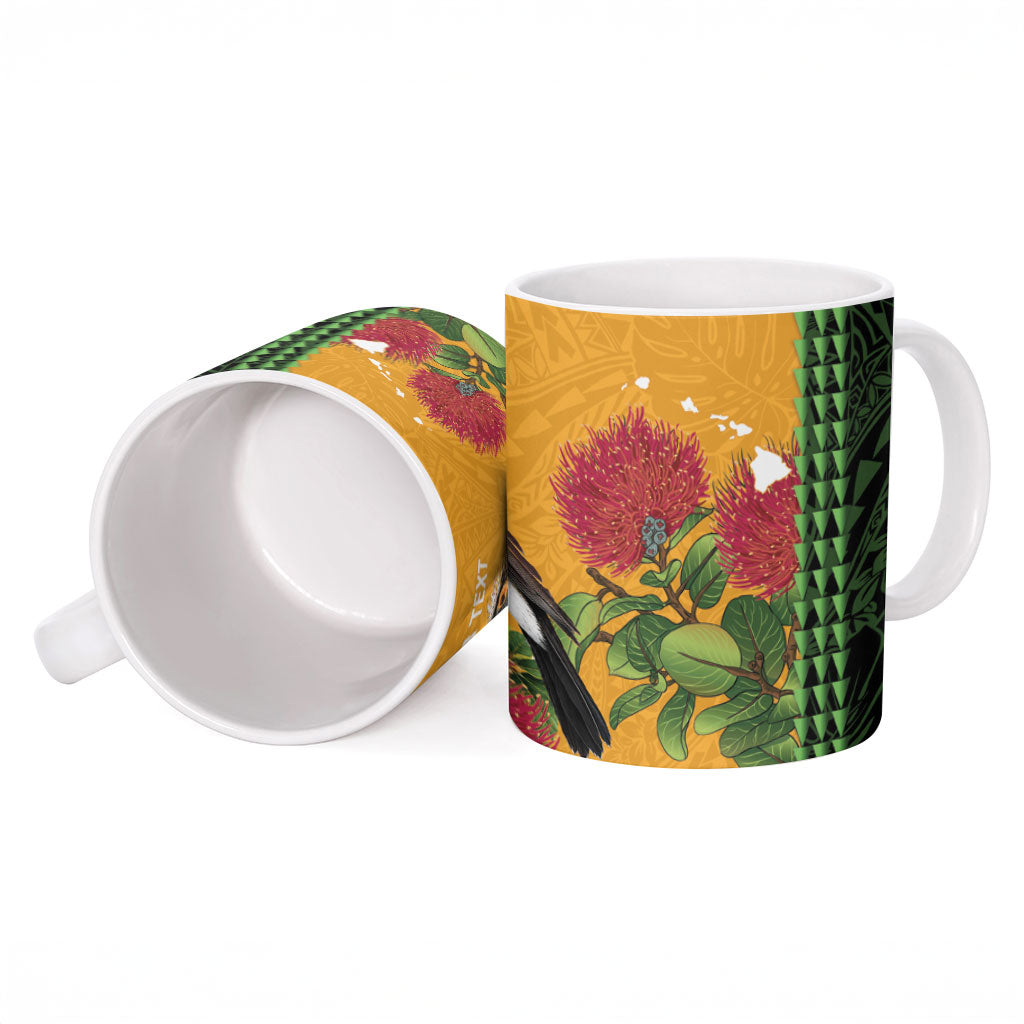 Personalized Hawaii Akohekohe Ohia Lehua Ceramic Mug Crested Honeycreeper Kakau Hawaiian Pattern LT14 - Polynesian Pride