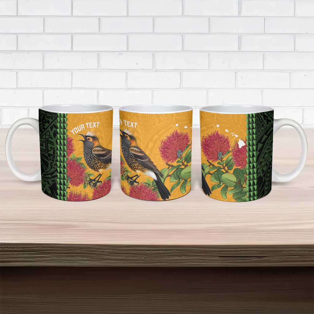 Personalized Hawaii Akohekohe Ohia Lehua Ceramic Mug Crested Honeycreeper Kakau Hawaiian Pattern LT14 - Polynesian Pride