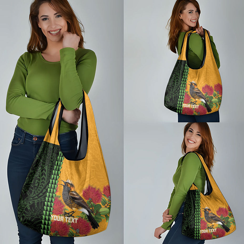 Personalized Hawaii Akohekohe Ohia Lehua Grocery Bag Crested Honeycreeper Kakau Hawaiian Pattern LT14 - Polynesian Pride
