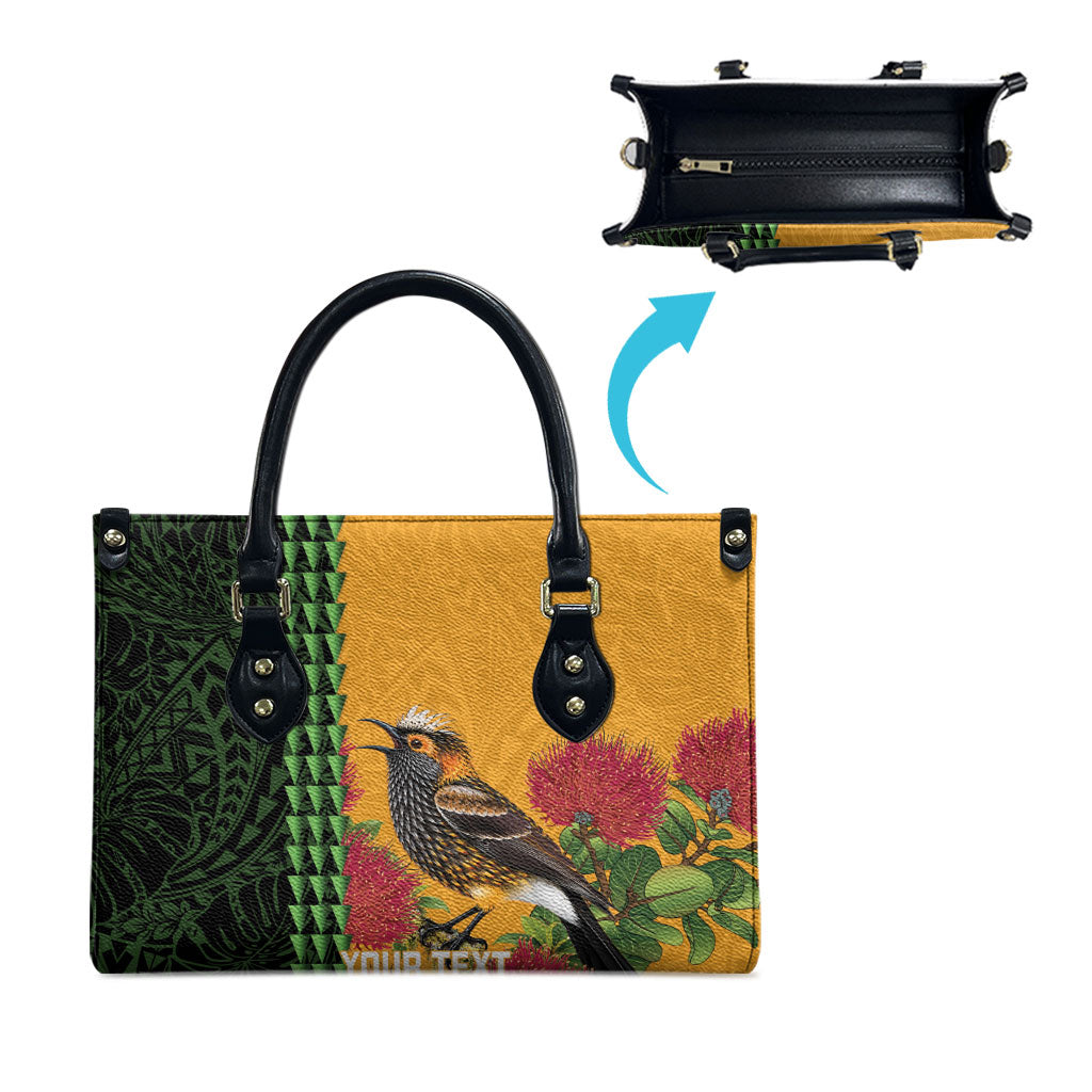 Personalized Hawaii Akohekohe Ohia Lehua Leather Bag Crested Honeycreeper Kakau Hawaiian Pattern LT14 - Polynesian Pride