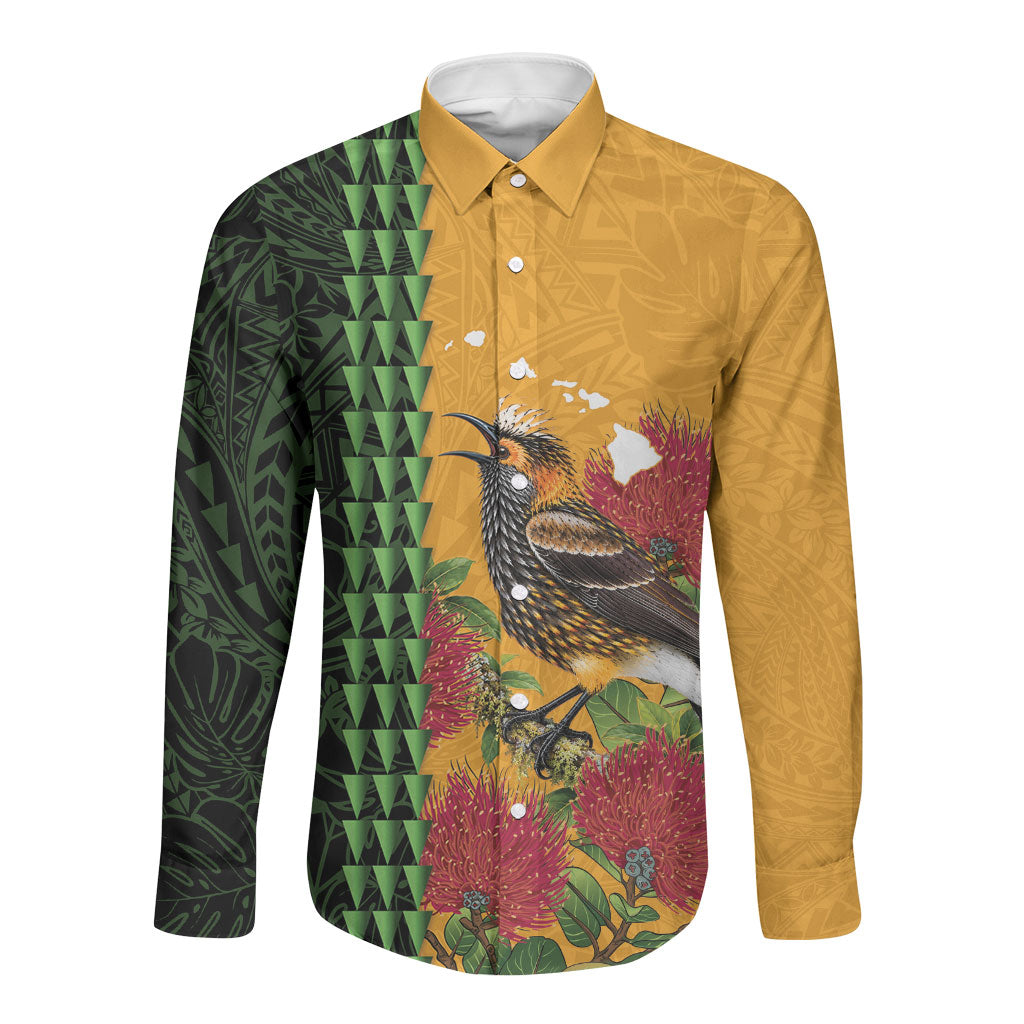 Personalized Hawaii Akohekohe Ohia Lehua Long Sleeve Button Shirt Crested Honeycreeper Kakau Hawaiian Pattern