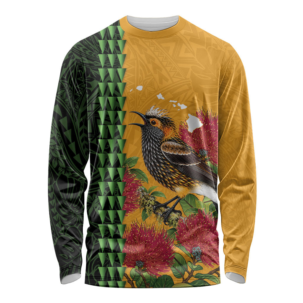 Personalized Hawaii Akohekohe Ohia Lehua Long Sleeve Shirt Crested Honeycreeper Kakau Hawaiian Pattern LT14 Unisex Orange - Polynesian Pride