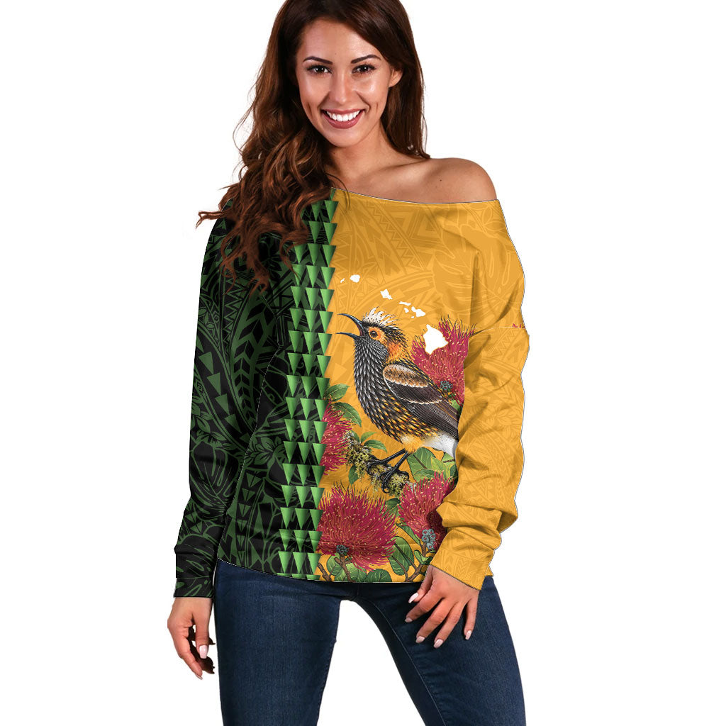 Personalized Hawaii Akohekohe Ohia Lehua Off Shoulder Sweater Crested Honeycreeper Kakau Hawaiian Pattern