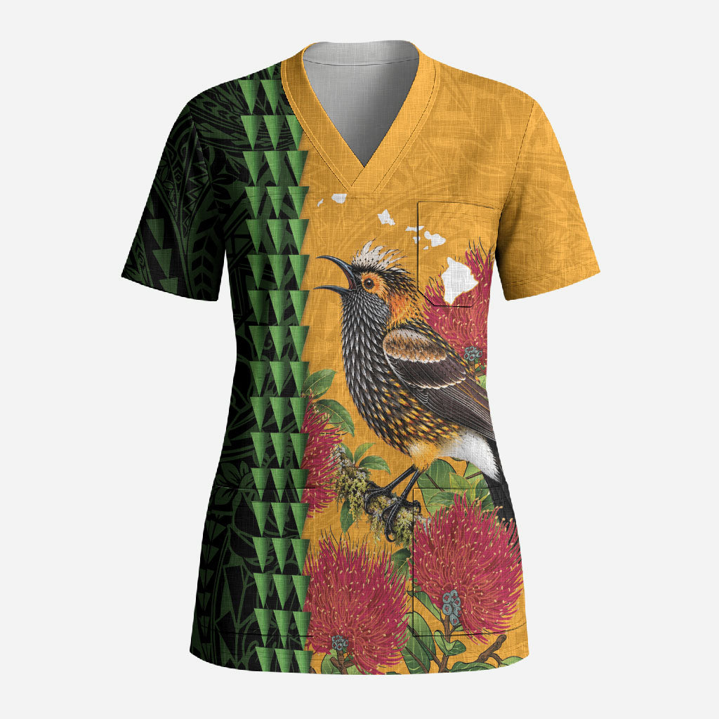 Personalized Hawaii Akohekohe Ohia Lehua Scrub Top Crested Honeycreeper Kakau Hawaiian Pattern