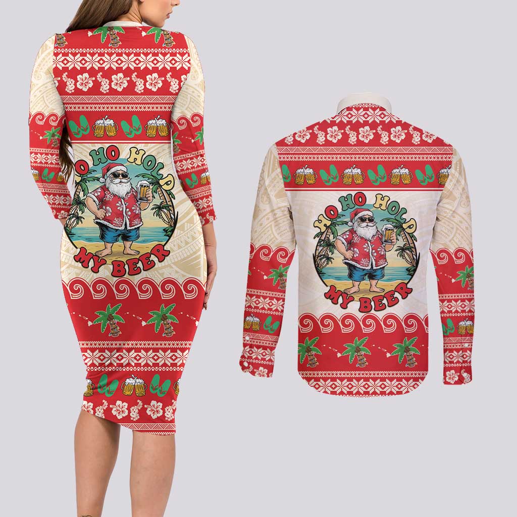 Mele Kalikimaka Hawaii Couples Matching Long Sleeve Bodycon Dress and Long Sleeve Button Shirt Funny Beer-Loving Santa Hawaiian Tropical - Polynesian Pride