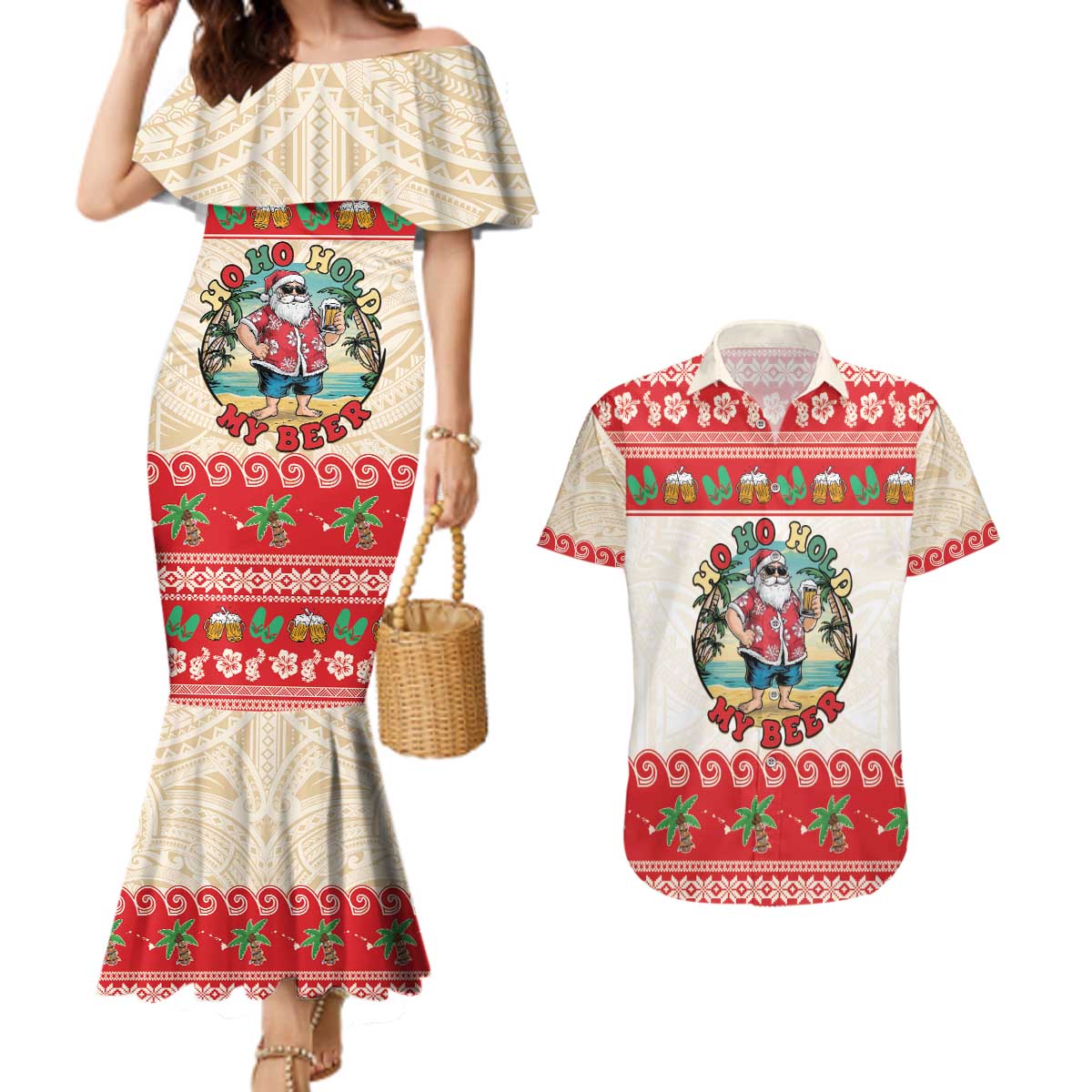 Mele Kalikimaka Hawaii Couples Matching Mermaid Dress and Hawaiian Shirt Funny Beer-Loving Santa Hawaiian Tropical - Polynesian Pride