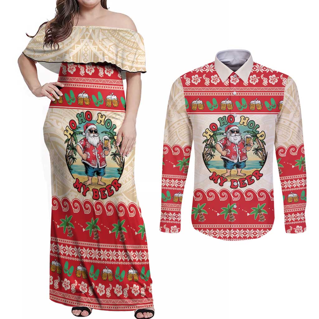 Mele Kalikimaka Hawaii Couples Matching Off Shoulder Maxi Dress and Long Sleeve Button Shirt Funny Beer-Loving Santa Hawaiian Tropical - Polynesian Pride