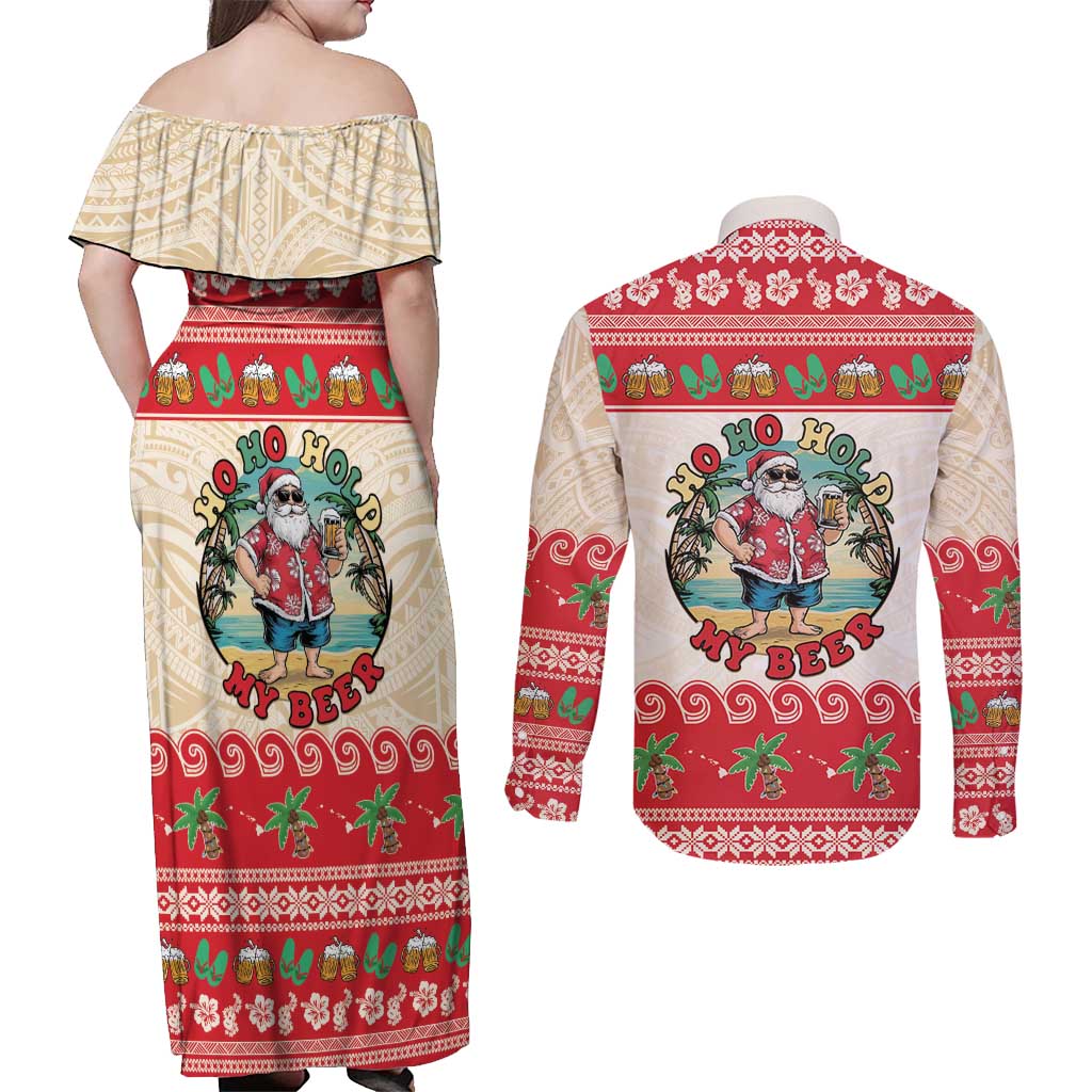 Mele Kalikimaka Hawaii Couples Matching Off Shoulder Maxi Dress and Long Sleeve Button Shirt Funny Beer-Loving Santa Hawaiian Tropical - Polynesian Pride