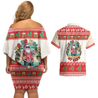 Mele Kalikimaka Hawaii Couples Matching Off Shoulder Short Dress and Hawaiian Shirt Funny Beer-Loving Santa Hawaiian Tropical - Polynesian Pride