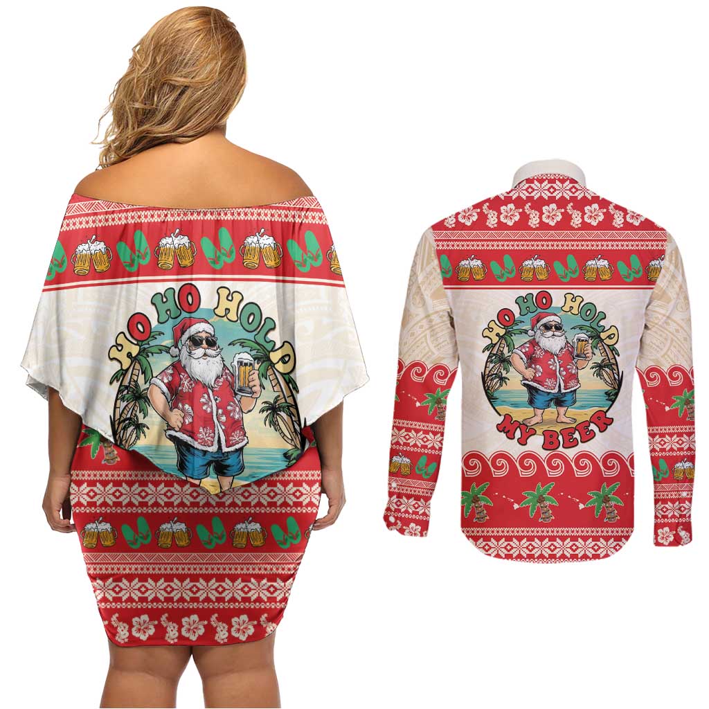 Mele Kalikimaka Hawaii Couples Matching Off Shoulder Short Dress and Long Sleeve Button Shirt Funny Beer-Loving Santa Hawaiian Tropical - Polynesian Pride