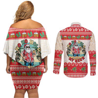 Mele Kalikimaka Hawaii Couples Matching Off Shoulder Short Dress and Long Sleeve Button Shirt Funny Beer-Loving Santa Hawaiian Tropical - Polynesian Pride