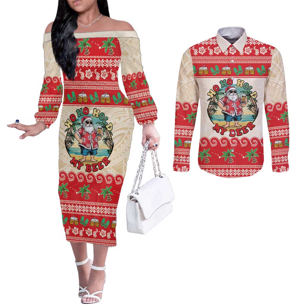 Mele Kalikimaka Hawaii Couples Matching Off The Shoulder Long Sleeve Dress and Long Sleeve Button Shirt Funny Beer-Loving Santa Hawaiian Tropical - Polynesian Pride