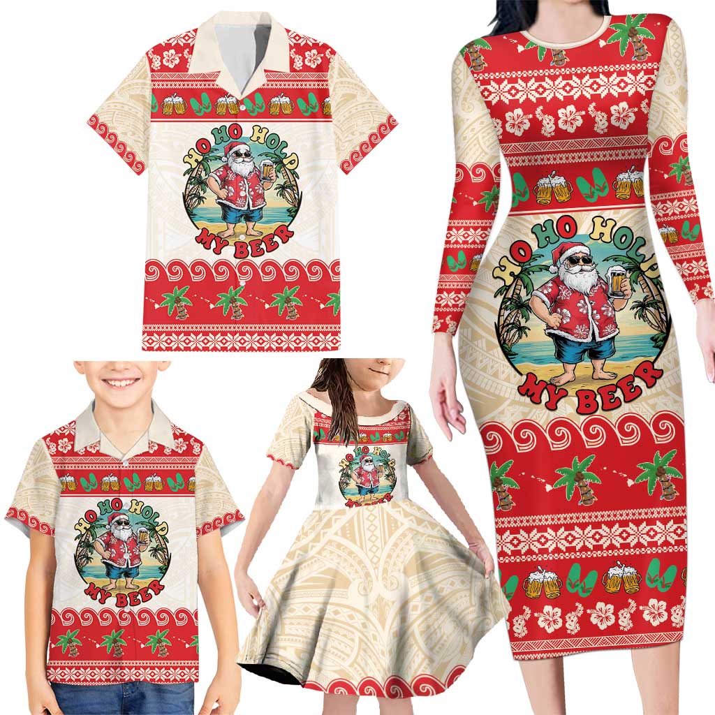 Mele Kalikimaka Hawaii Family Matching Long Sleeve Bodycon Dress and Hawaiian Shirt Funny Beer-Loving Santa Hawaiian Tropical - Polynesian Pride