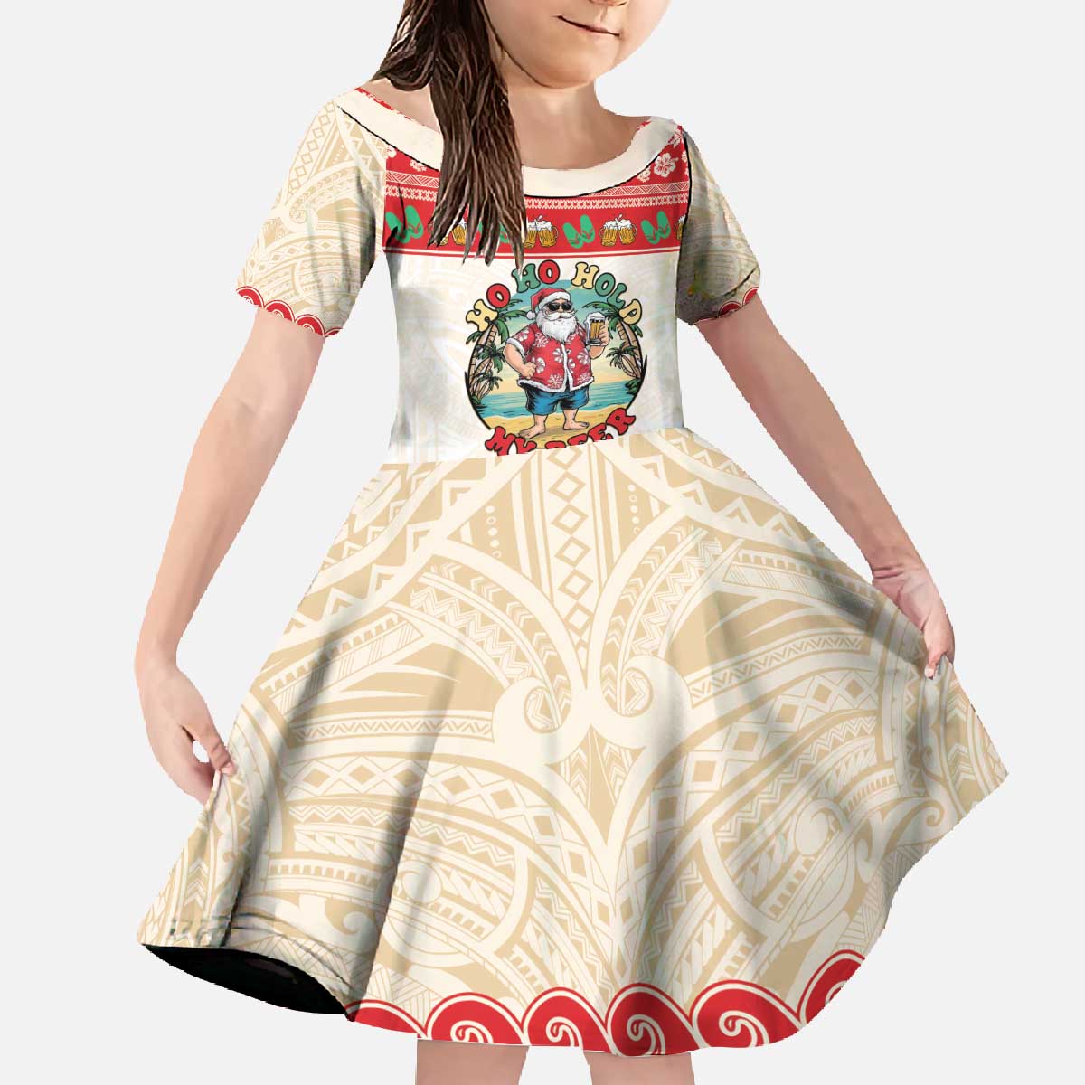 Mele Kalikimaka Hawaii Family Matching Off The Shoulder Long Sleeve Dress and Hawaiian Shirt Funny Beer-Loving Santa Hawaiian Tropical - Polynesian Pride