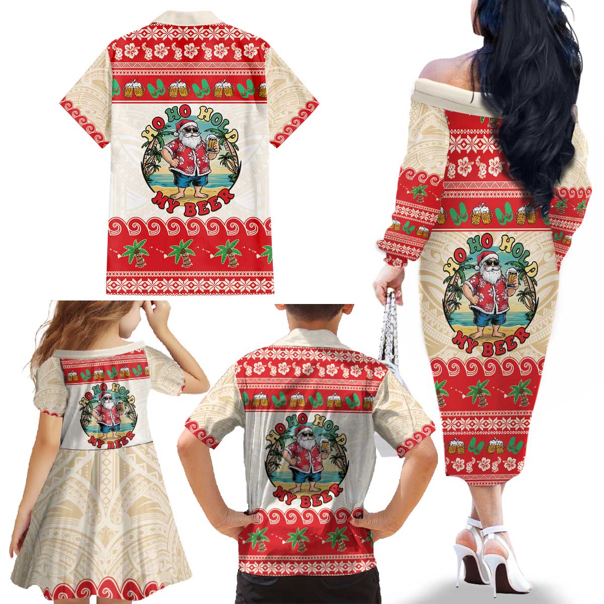 Mele Kalikimaka Hawaii Family Matching Off The Shoulder Long Sleeve Dress and Hawaiian Shirt Funny Beer-Loving Santa Hawaiian Tropical - Polynesian Pride