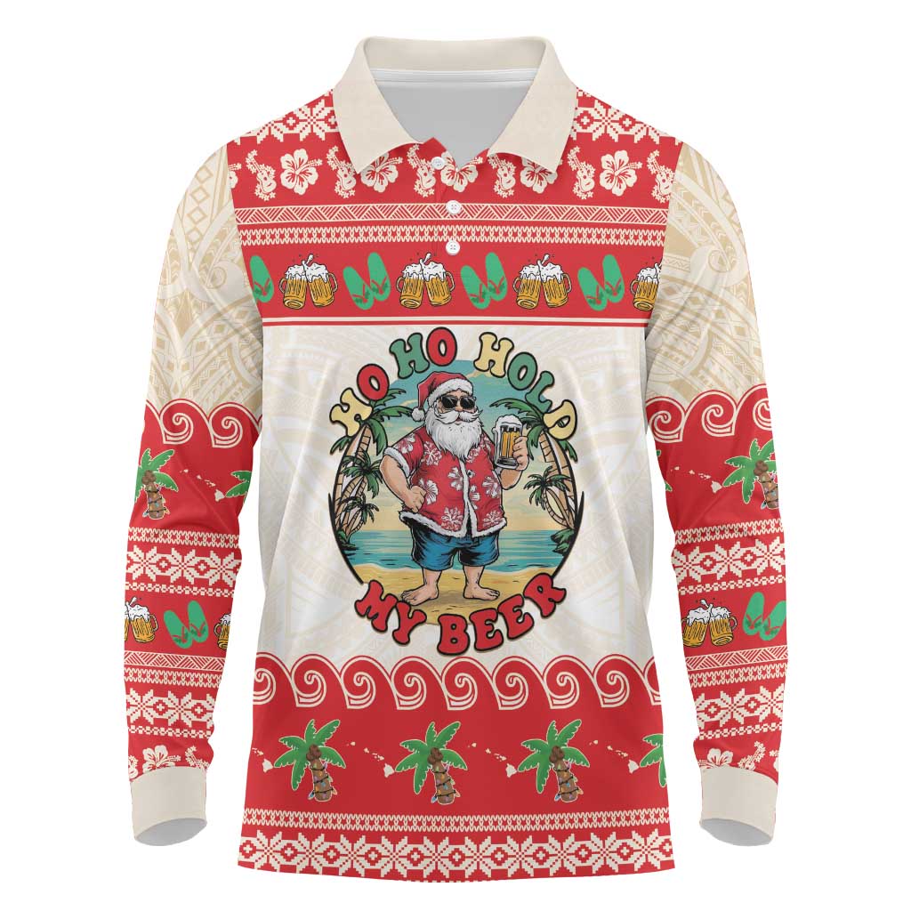 Mele Kalikimaka Hawaii Long Sleeve Polo Shirt Funny Beer-Loving Santa Hawaiian Tropical - Polynesian Pride