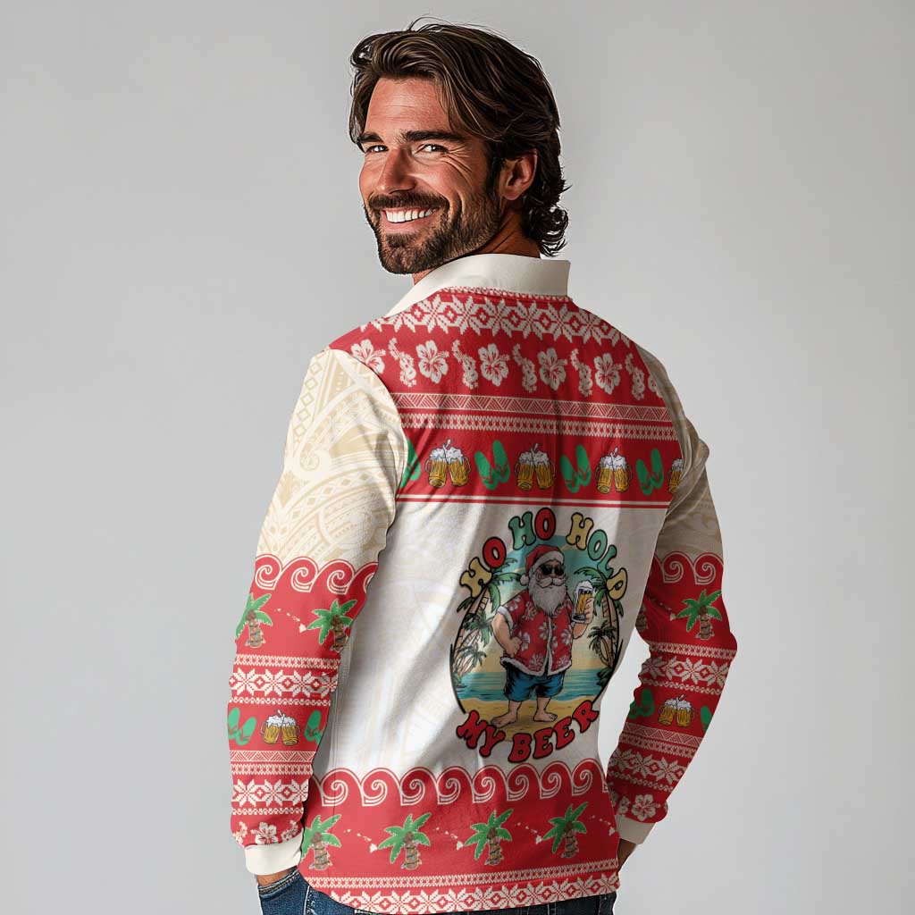 Mele Kalikimaka Hawaii Long Sleeve Polo Shirt Funny Beer-Loving Santa Hawaiian Tropical - Polynesian Pride